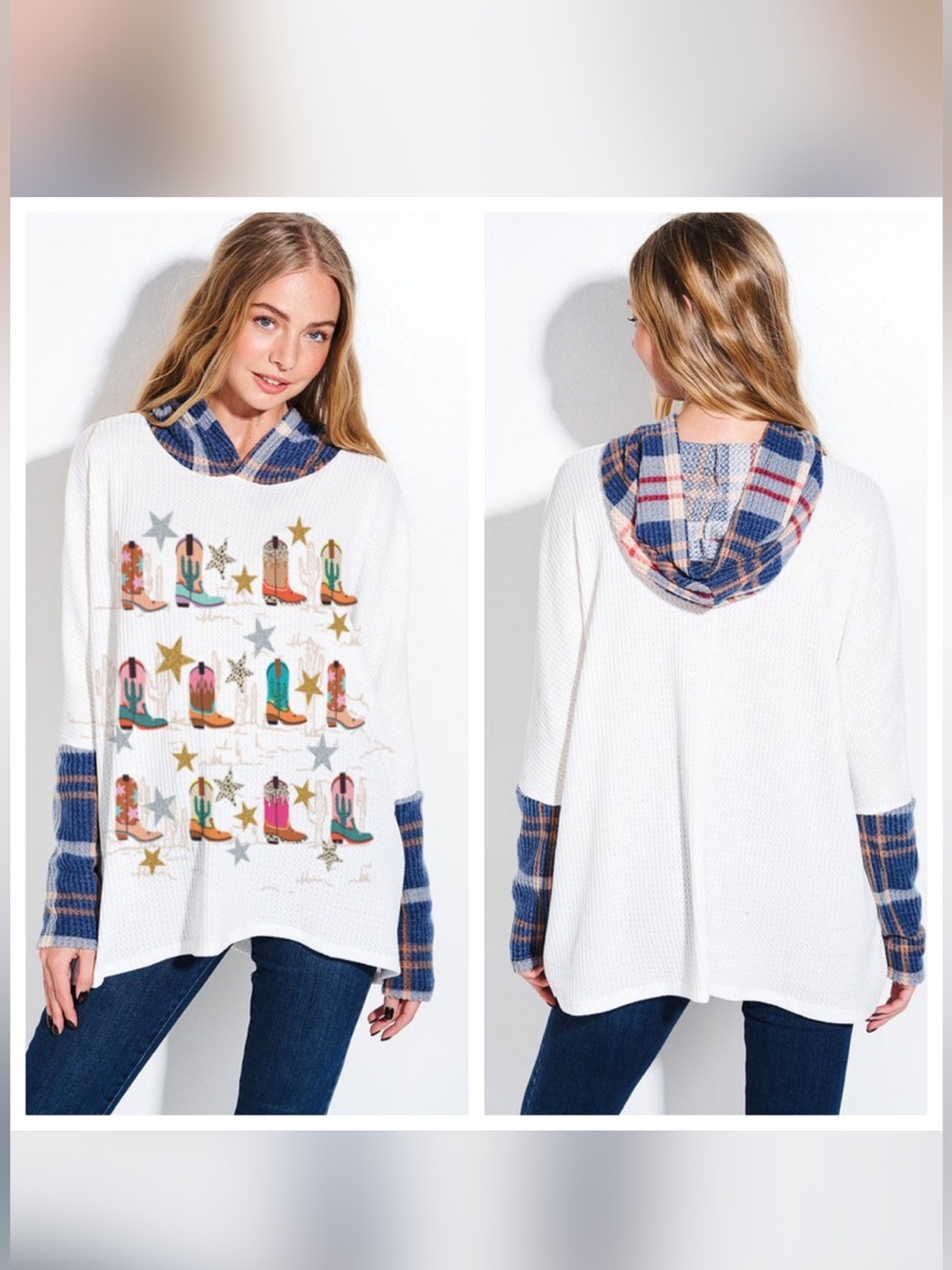 PHIL LOVE BOOTS TWOFER HOODIE COWGIRL BOOTS THERMAL WAFFLE KNIT